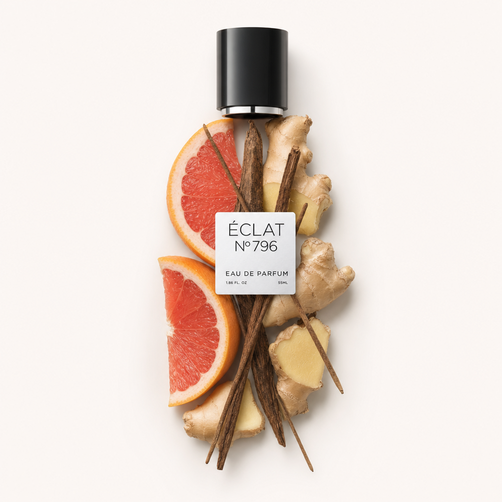 Ein Arrangement aus Räucherstäbchen, Ingwerwurzeln und Grapefruitscheiben umgibt eine schwarze ÉCLAT-Kappe mit Etikett.