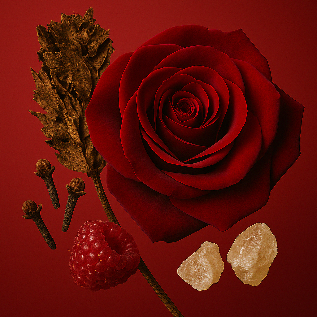 Eine reichhaltige Komposition aus einer roten Rose, getrockneten Gewürzen, Himbeeren und Harz vor einem passenden roten Hintergrund, die ÉCLAT VIP Incense, Rose & Spices darstellt.