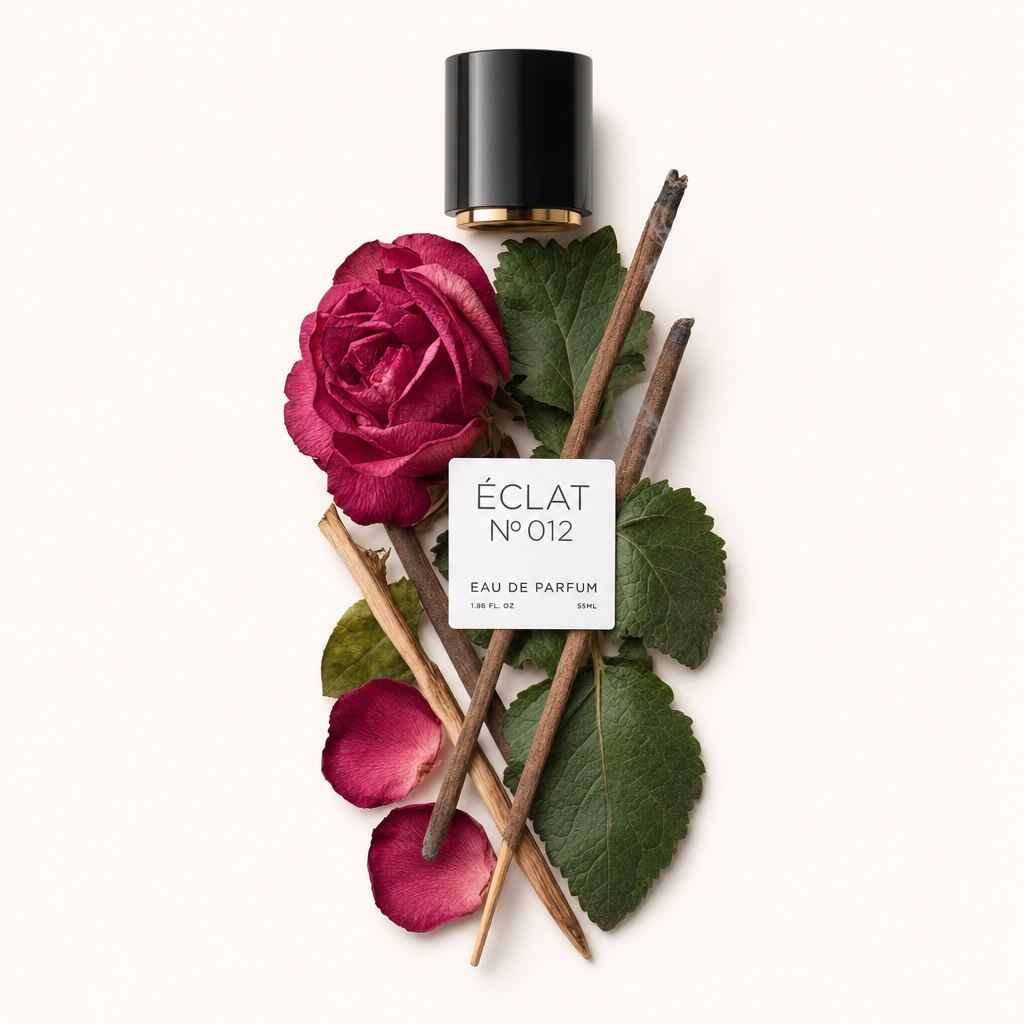 Ein Arrangement aus Räucherstäbchen, einer kräftig roten Rose, Blütenblättern und üppigen Blättern zeigt die Duftnoten von ÉCLAT VIP - Incense, Rose & Spices, mit einer schwarzen Kappe mit Etikett oben.