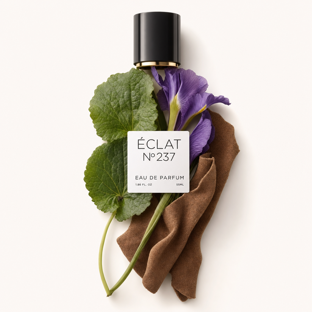 Ein Arrangement aus Irisblüte, grünen Blättern und Wildlederstoff mit der originalen schwarzen Kappe von ÉCLAT mit Etikett.