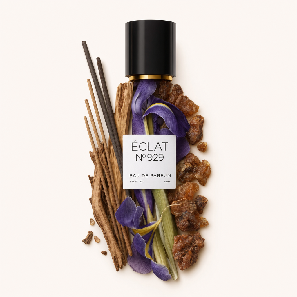 Ein Arrangement aus Räucherstäbchen, violetten Irisblüten und Bernsteinharz umgibt eine schwarze Verschlusskappe mit ÉCLAT Iris & Incense Etikett.