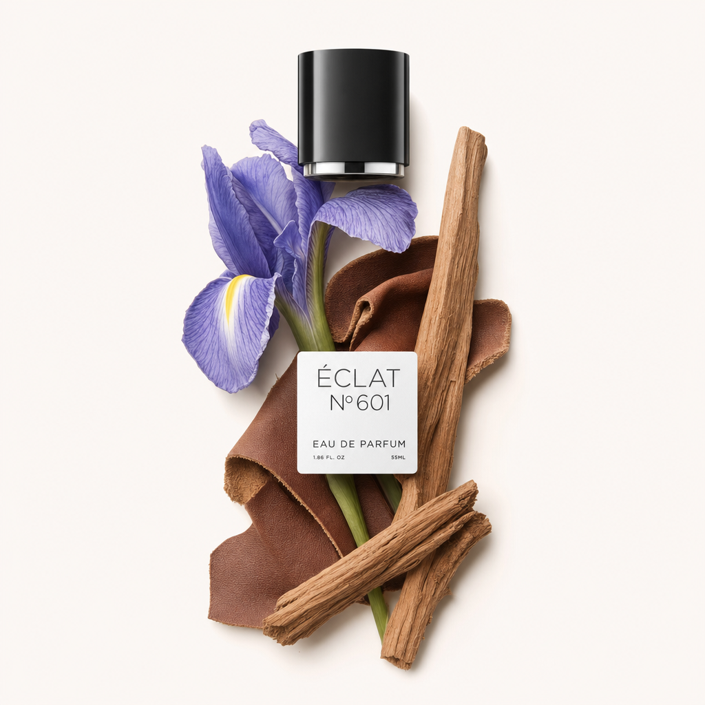 Ein Stillleben mit einer violetten Irisblüte, strukturiertem Leder und Holzelementen, mit einer schwarzen Kappe und ÉCLAT Nr. 601 Etikett.