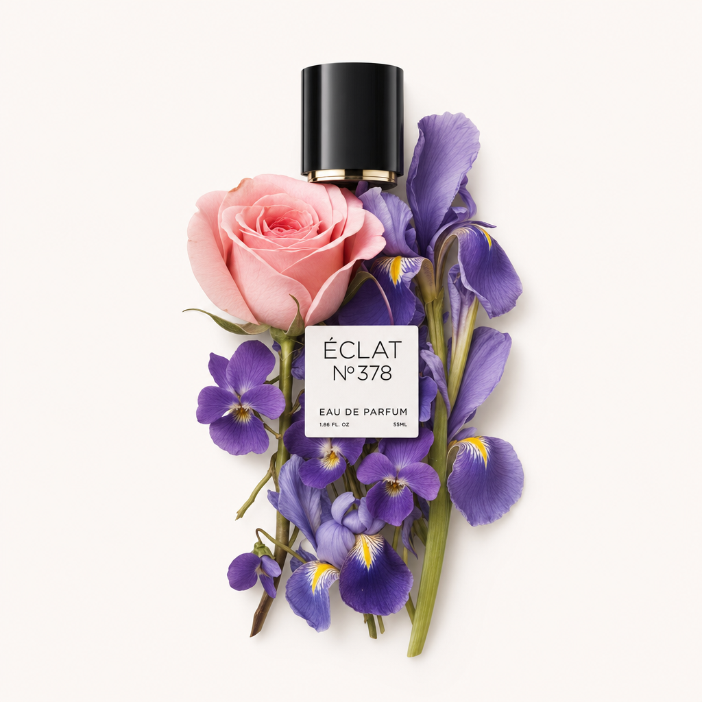 Eine schwarze Verschlusskappe mit einem Etikett ÉCLAT 378 liegt elegant auf einem Arrangement aus rosa Rosen, violetten Schwertlilien und Veilchen.