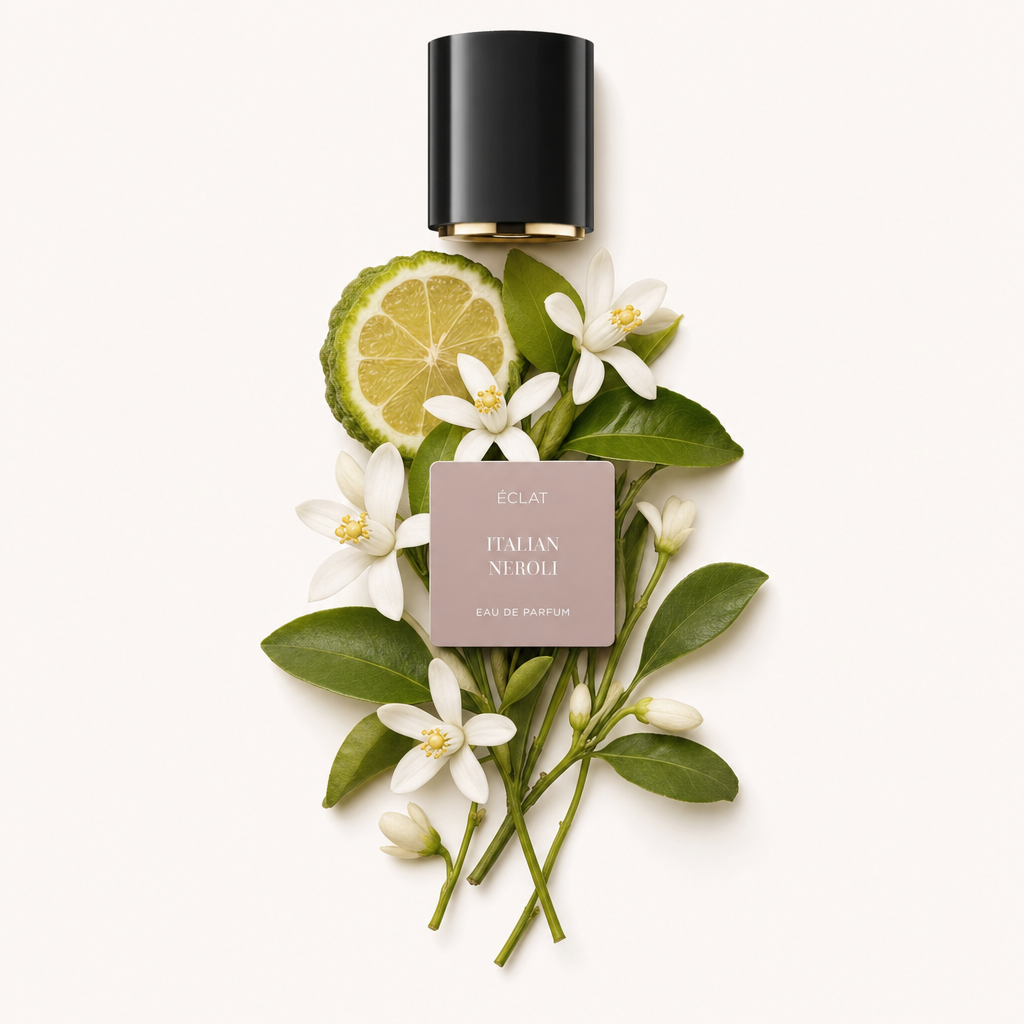 Ein Arrangement aus weißen Blüten und grünen Blättern mit einer Scheibe von Zitrusfrucht, begleitet von einer schwarzen Kappe mit Etikett für ÉCLAT Italian Neroli.