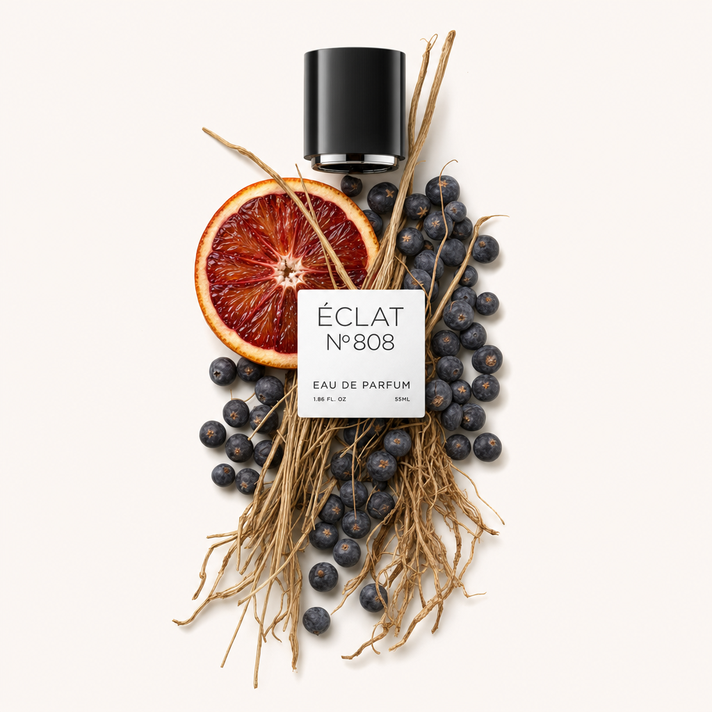 Ein Arrangement aus Wacholderbeeren, einer halben Blutorange und getrockneten Wurzeln umgibt eine schwarze Verschlusskappe mit Etikett für ÉCLAT Juniper Berry & Blood Orange.