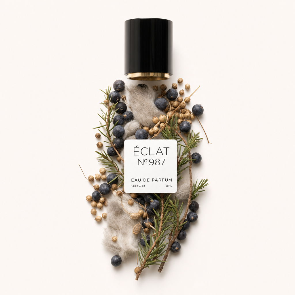 Ein harmonisches Arrangement aus Wacholderbeeren, getrockneten Pflanzen und weichem Grün umgibt eine schwarze Kappe mit goldenen Details und einem Etikett für ÉCLAT Juniper Berry & Musk.