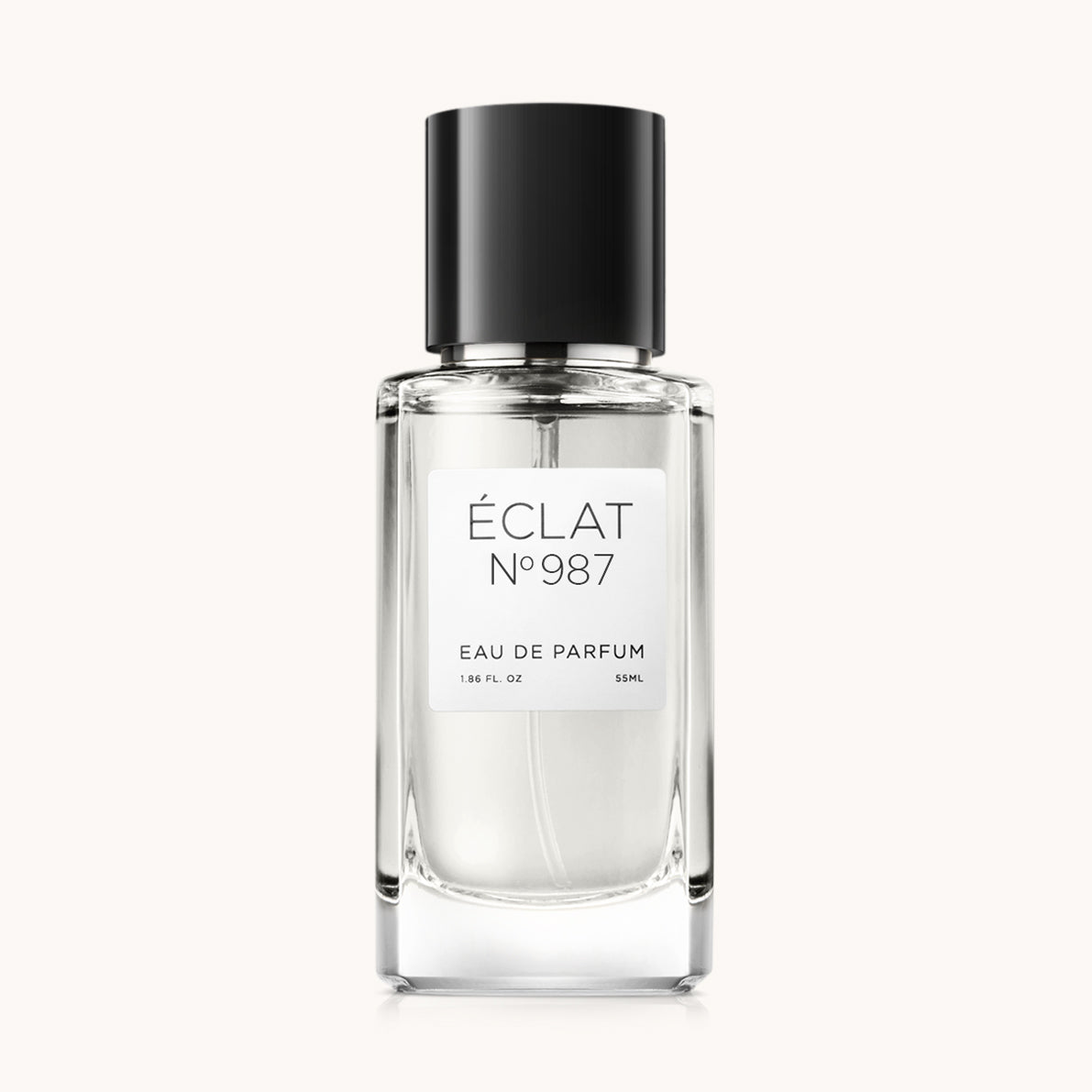 ÉCLAT VIP - Wacholderbeere & Moschus in einem klaren Glasflakon mit eleganter schwarzer Kappe und minimalistischem weißen Etikett.