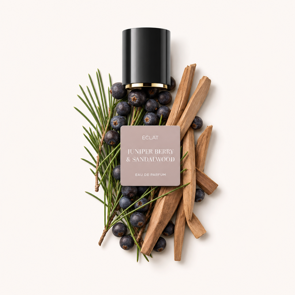 Ein Arrangement aus Wacholderbeeren und Sandelholzstäben umgibt eine schwarze Kappe mit Etiquette, die ÉCLAT Juniper Berry & Sandalwood zeigt.