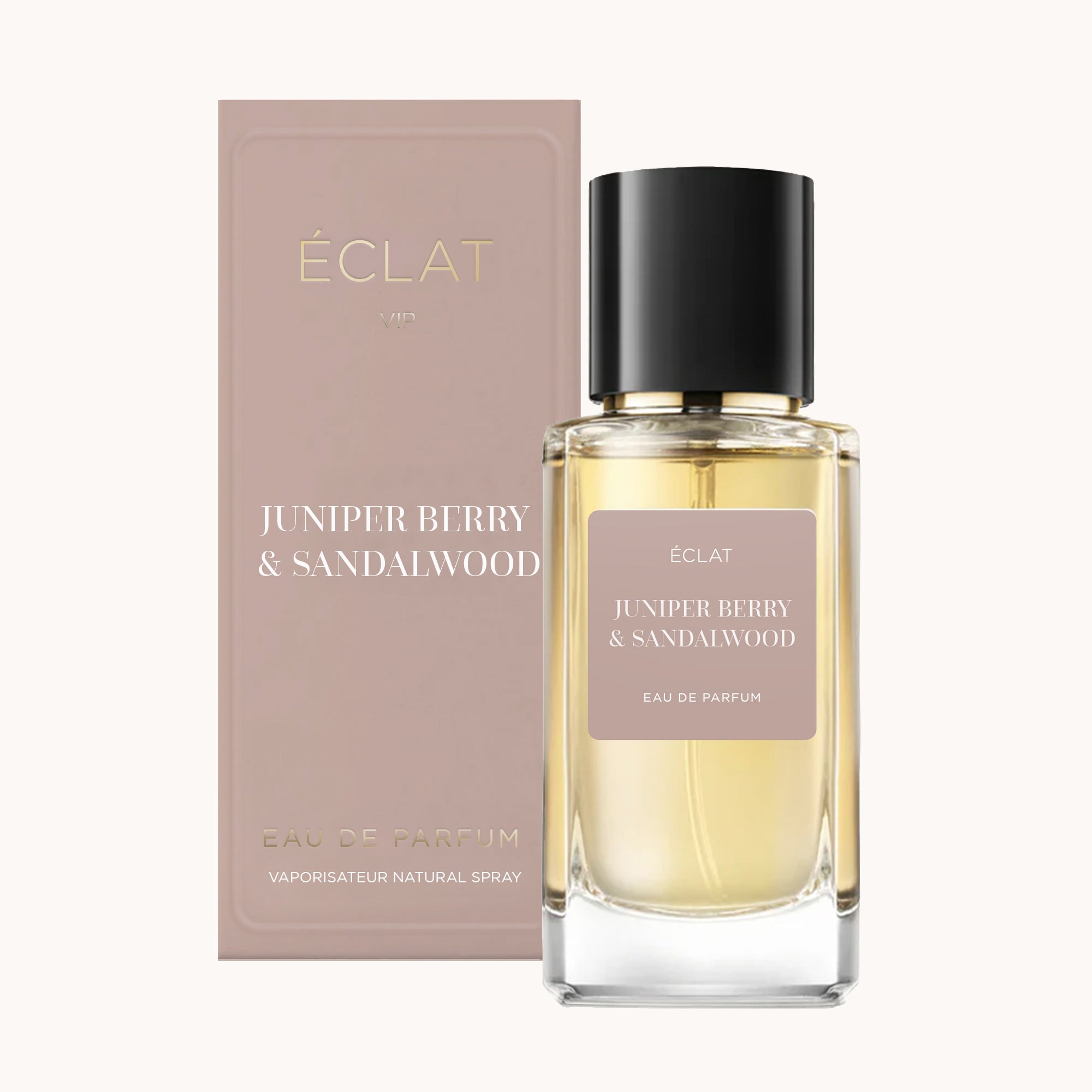 ÉCLAT Juniper Berry & Sandalwood, ein raffinierter Glasflakon mit schwarzer Kappe, begleitet von einer eleganten passenden Box.