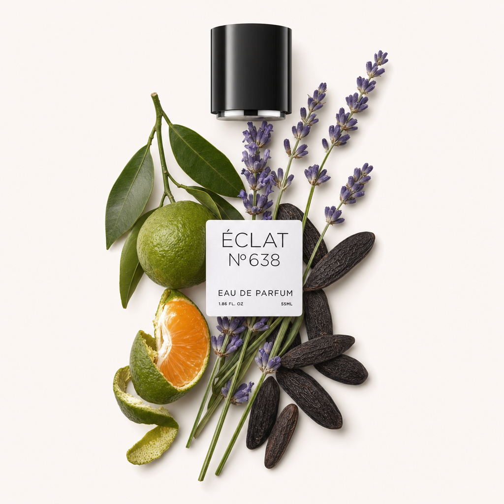 Ein Arrangement aus Lavendelzweigen, Tonkabohnen und Zitrusschalen mit einer schwarzen ÉCLAT-Kappe, beschriftet mit ÉCLAT Lavender & Tonka Bean.