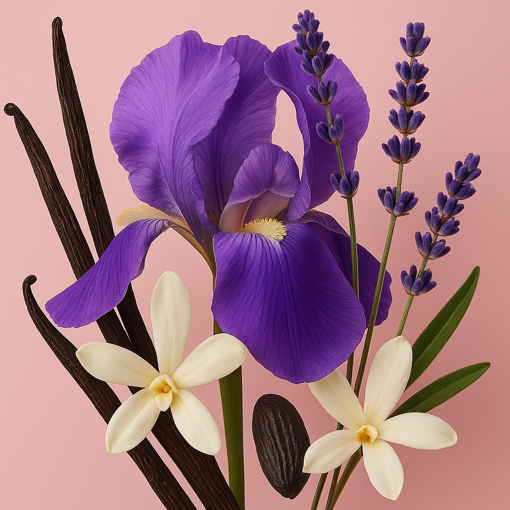 Eine Komposition aus Iris, Lavendel, Vanilleschoten und weißen Blüten vor einem rosa Hintergrund, die ÉCLAT Lavender & Vanilla symbolisiert.
