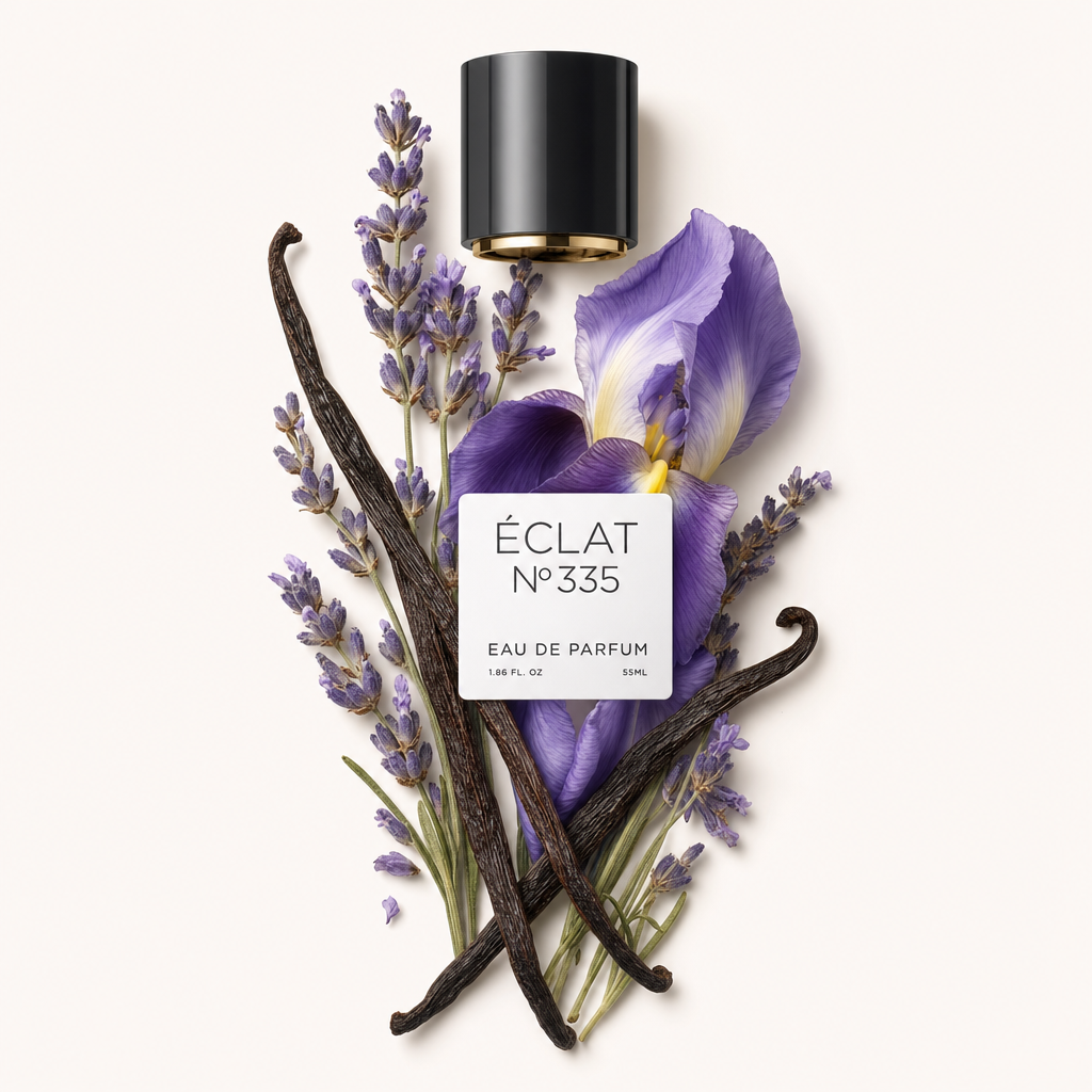 Ein Arrangement aus Lavendelzweigen, Vanilleschoten und einer violetten Blüte umgibt eine schwarze Verschlusskappe mit Etikett, das ÉCLAT Lavender & Vanilla repräsentiert.