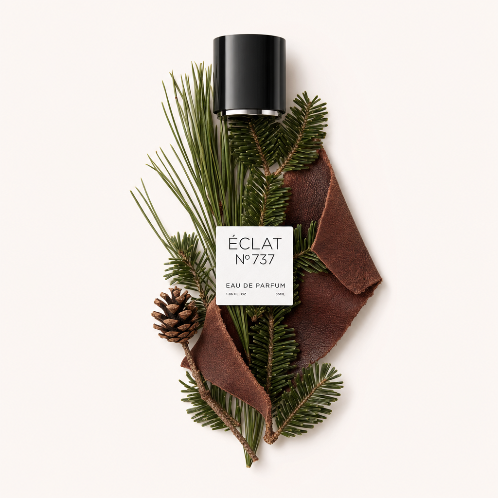 Ein Arrangement aus Balsamtannennadeln, Tannenzapfen und Lederstreifen um eine schwarze Verschlusskappe mit Etikett von ÉCLAT Leathery Balsam Fir.