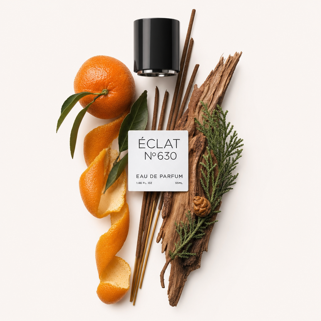Ein Arrangement aus Zedernholz, Zypresse, Weihrauch und einer frischen Orange mit Schale, neben der ÉCLAT Leathery Cedar Kappe und etikettiertem Schild.