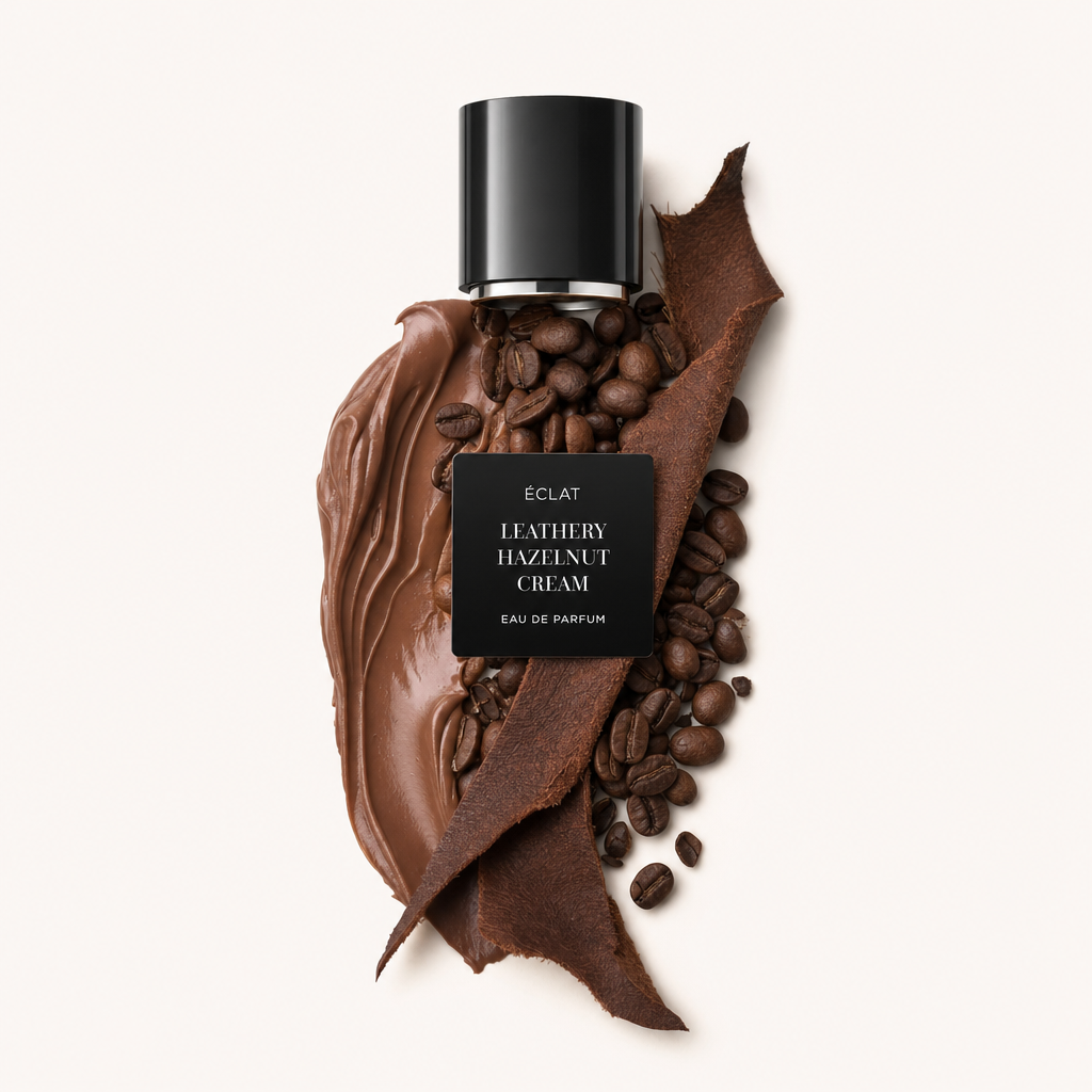 Das Bild zeigt ein Arrangement aus Kaffeebohnen, einer Haselnusscreme und einem Lederstreifen, gekrönt von einer schwarzen Kappe mit ÉCLAT Leathery Hazelnut Cream Etikett.