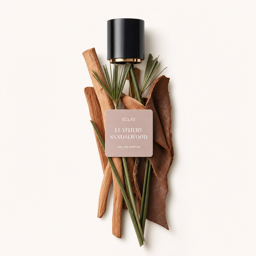 Ein Arrangement aus Sandelholzstäben, lederartigen Blättern und grünem Gras umrahmt eine schwarze Kappe mit dem Etikett ÉCLAT Leathery Sandalwood.