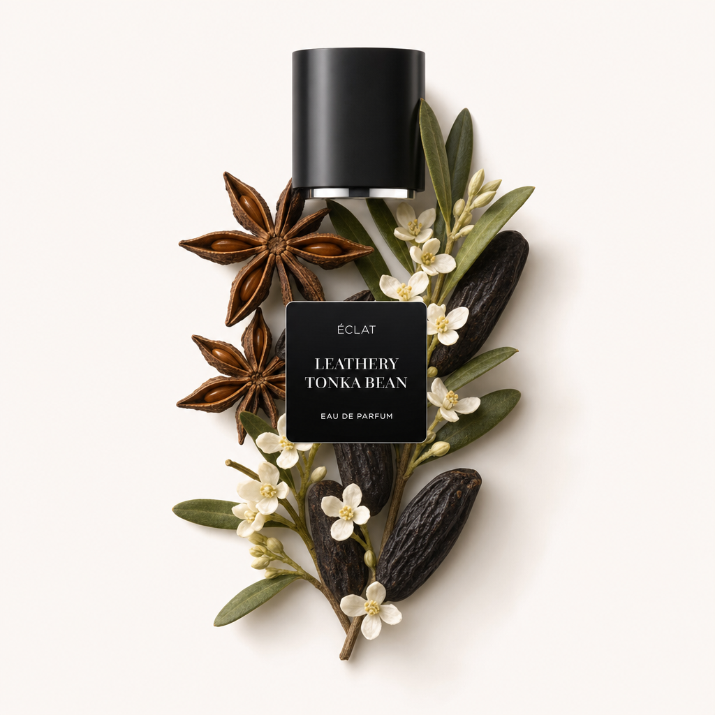 Ein Arrangement aus Sternanis, Tonkabohnen und zarten weißen Blüten umgibt die originale schwarze Verschlusskappe mit Etikett von ÉCLAT Leathery Tonka Bean.