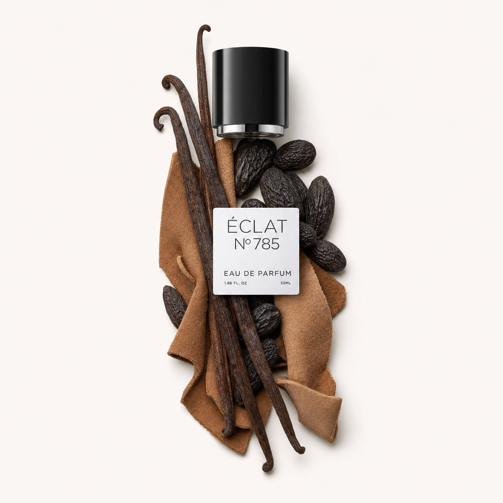 Ein Arrangement aus Vanilleschoten, Tonkabohnen und einem Stück Leder umgibt die schwarze Kappe mit Etikett von ÉCLAT Leathery Vanilla.
