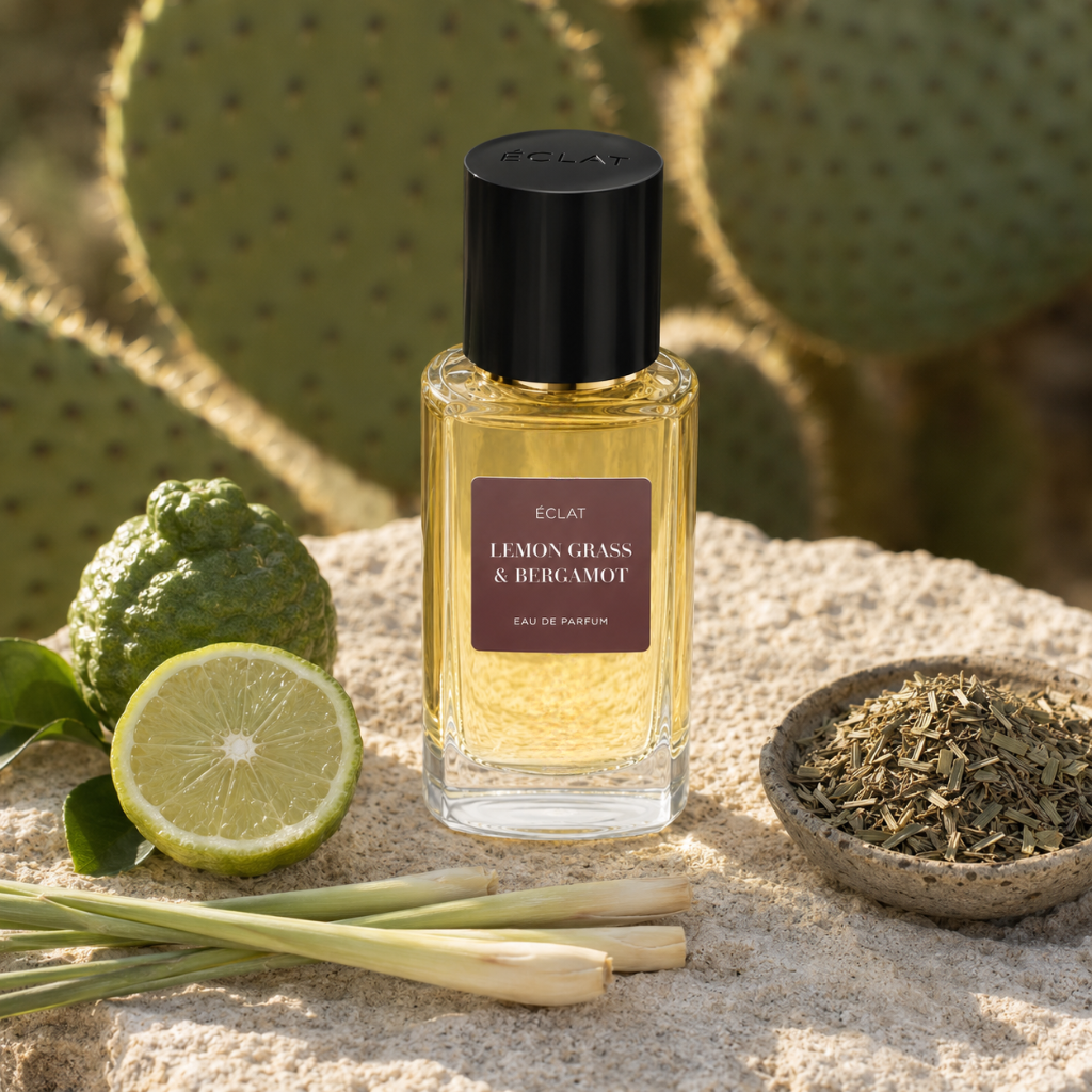 Ein facettierter Glasflakon ÉCLAT Lemon Grass & Bergamot RAR Parfum mit schwarzem Verschluss, umgeben von frischem Zitronengras und Bergamotte auf Stein.