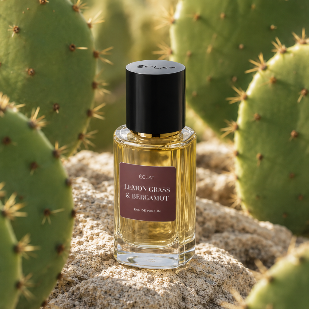 ÉCLAT Lemon Grass & Bergamot RAR Duft im facettierten Glasflakon mit schwarzem Verschluss, vor einem Hintergrund aus Kakteen.