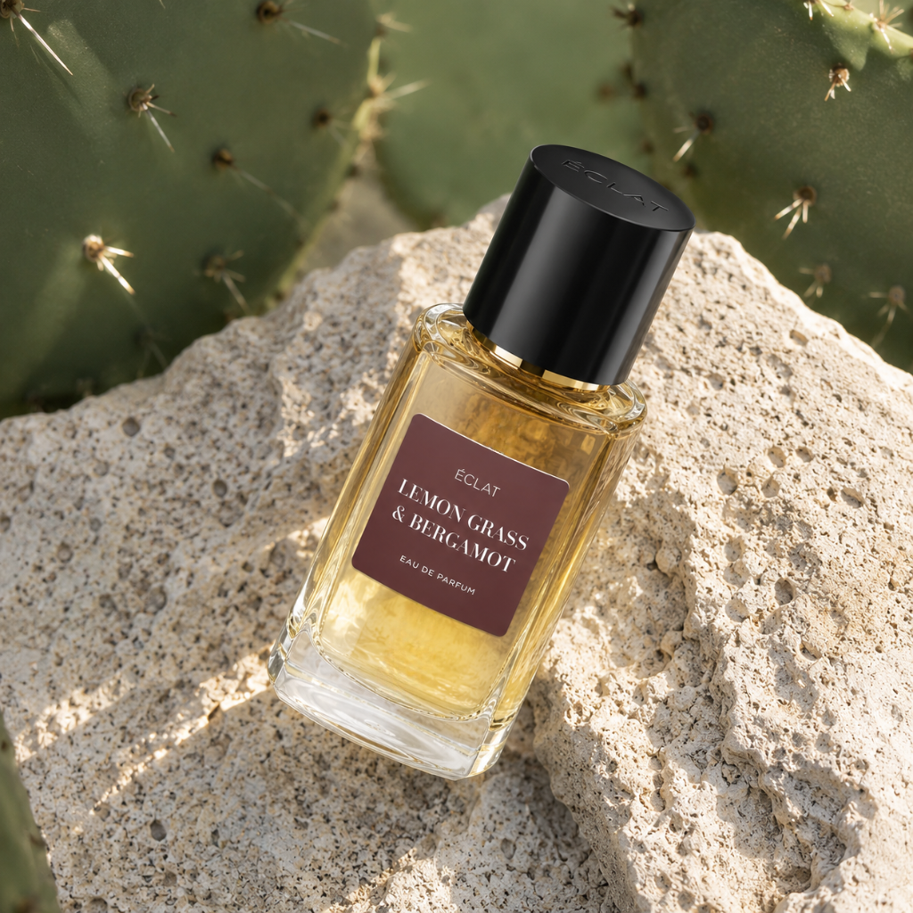 ÉCLAT Lemon Grass & Bergamot RAR in einem facettierten Glasflakon mit schwarzem Verschluss, auf strukturiertem Stein mit Kaktus im Hintergrund.