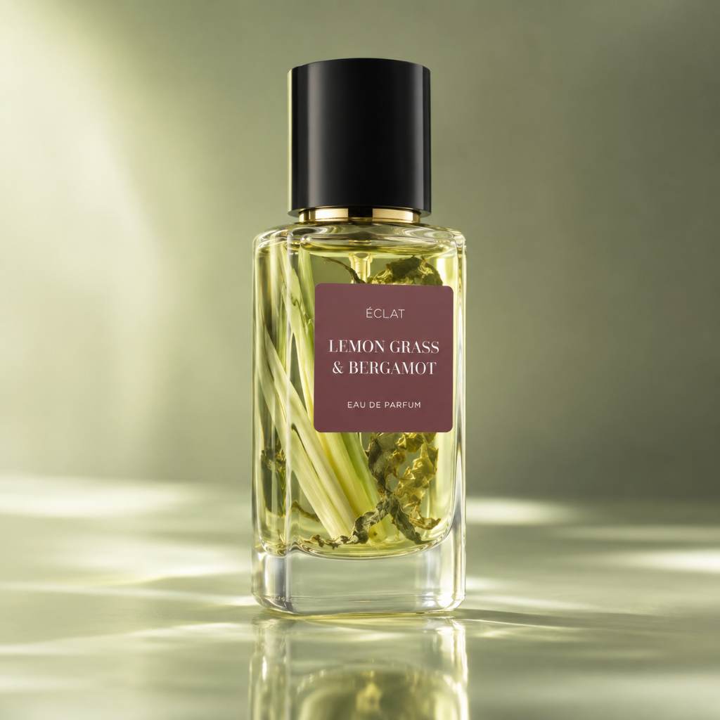 ÉCLAT Lemon Grass & Bergamot RAR in einem klaren, facettierten Glasflakon mit matter schwarzer Kappe und amberfarbener Flüssigkeit.