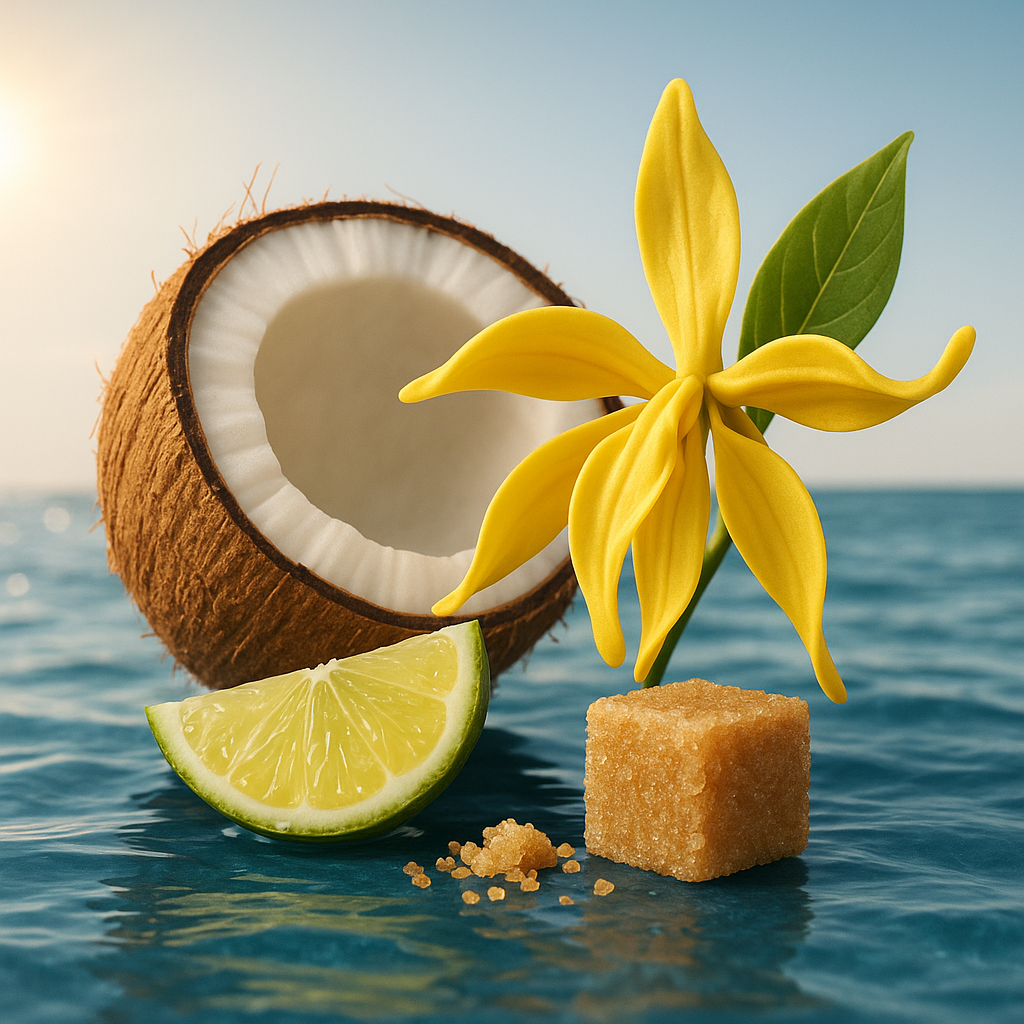 Eine halbe Kokosnuss, eine Limettenscheibe, eine gelbe Blüte und ein Würfel Rohrzucker auf einer reflektierenden blauen Oberfläche.