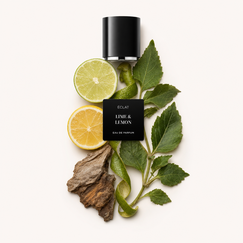 Ein Arrangement aus geschnittener Limette und Zitrone, Rinde und grünen Blättern um eine schwarze Kappe mit dem ÉCLAT Lime & Lemon Etikett.
