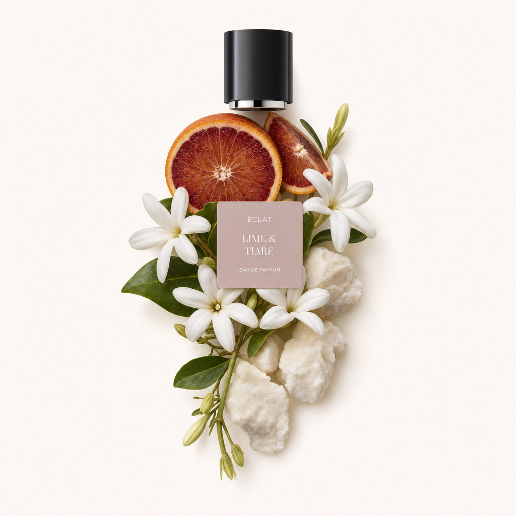 Ein kunstvolles Arrangement mit Blutorangenscheiben, Tiaré-Blüten und strukturierten Steinen unter einer schwarzen Kappe mit ÉCLAT Lime & Tiaré Etikett.