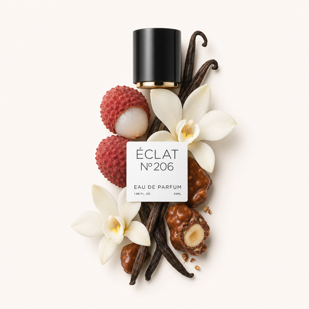 Ein Arrangement aus Litschi, Vanilleblüten und Praline umgibt die schwarze Kappe von ÉCLAT Lychee & Praline, mit einem Etikett versehen.