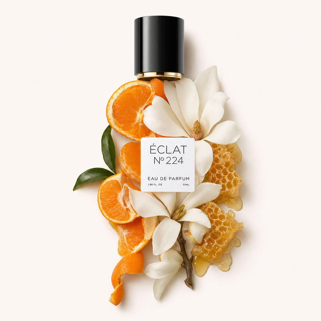 Ein Arrangement aus Magnolienblüten, Honigwaben und Orangenscheiben umgibt eine schwarze Kappe mit einem Etikett von ÉCLAT Magnolia & Honey.