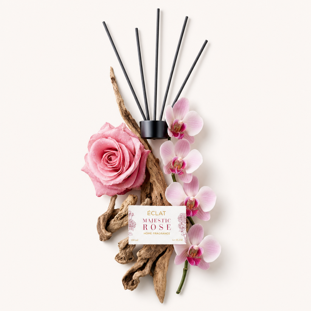 Ein Arrangement mit einer rosa Rose, rosa Orchideen, Treibholz und einer schwarzen Kappe mit Etikett für ÉCLAT Majestic Rose Room Fragrance Sticks.