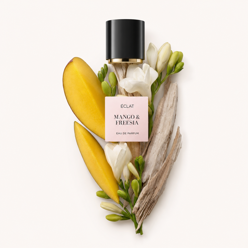 Ein Arrangement aus frischen Mangoscheiben, Freesienblüten und Treibholz umgibt eine schwarze Kappe mit goldenem Akzent und einem ÉCLAT Mango & Freesia Etikett.