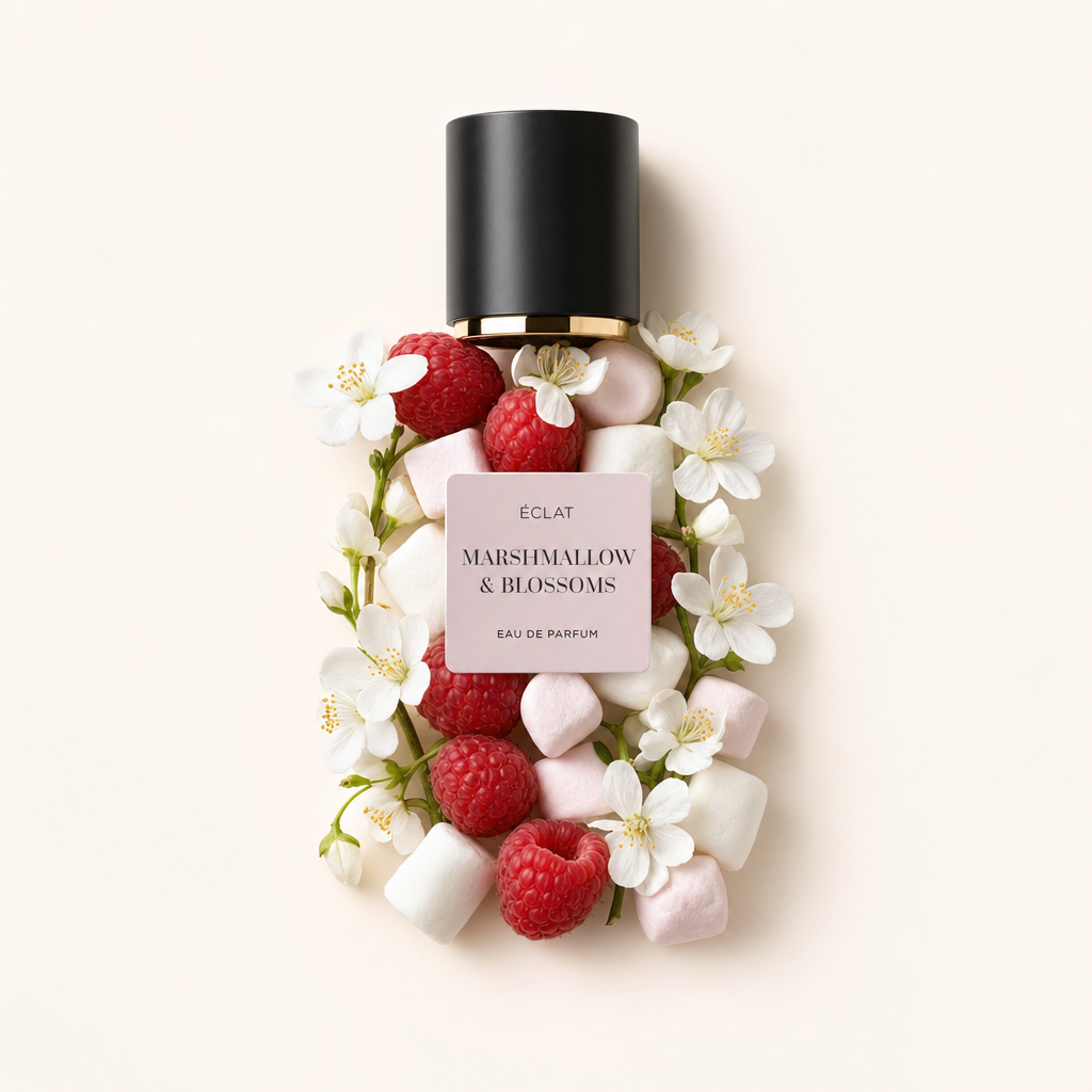 Ein Arrangement aus weißen Blüten, Himbeeren und Marshmallows umgibt eine schwarze Kappe mit Etikett für ÉCLAT Marshmallow & Blossoms.