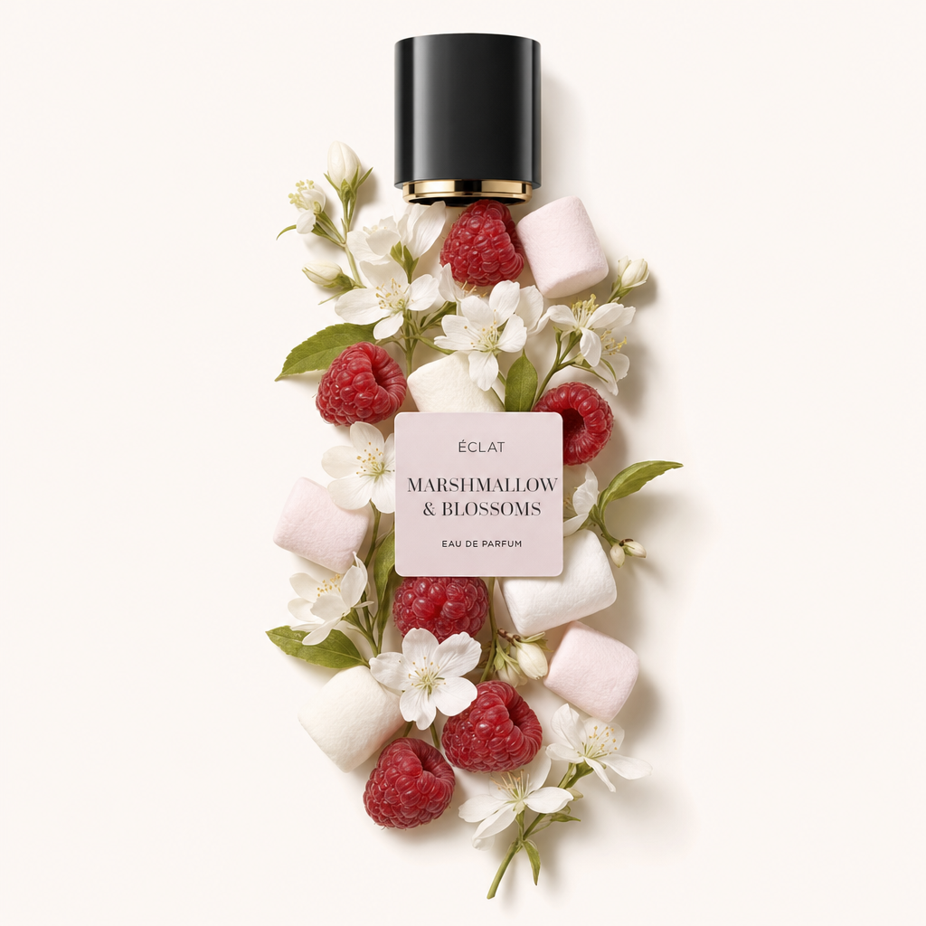 Ein Arrangement aus Marshmallows, Himbeeren und zarten Blüten umgibt eine schwarze Verschlusskappe mit einem Etikett für ÉCLAT Marshmallow & Blossoms.