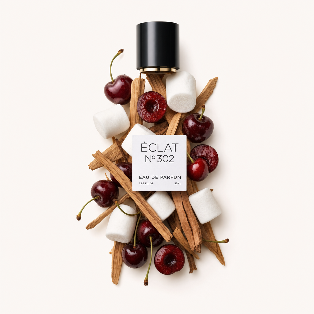 Kunstvoll arrangierte Marshmallows und Kirschen umgeben eine schwarze Kappe mit ÉCLAT-Etikett.
