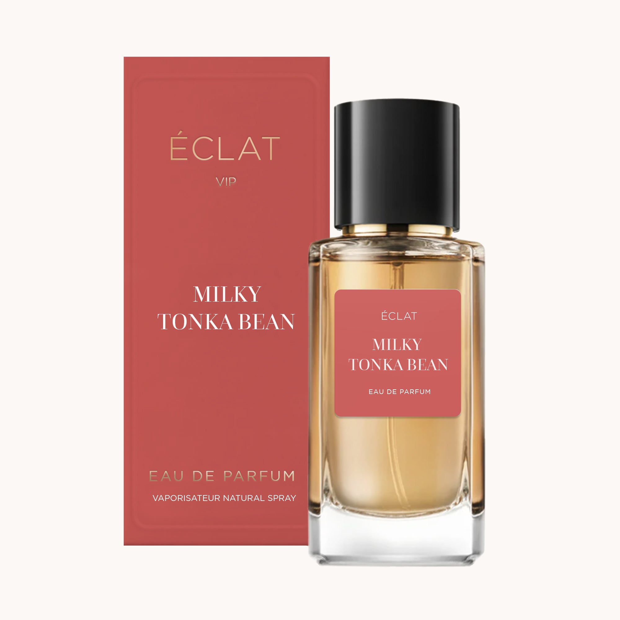 ÉCLAT Milky Tonka Bean VIP in einem facettierten Glasflakon mit schwarzer Kappe, begleitet von einer roten Präsentbox.