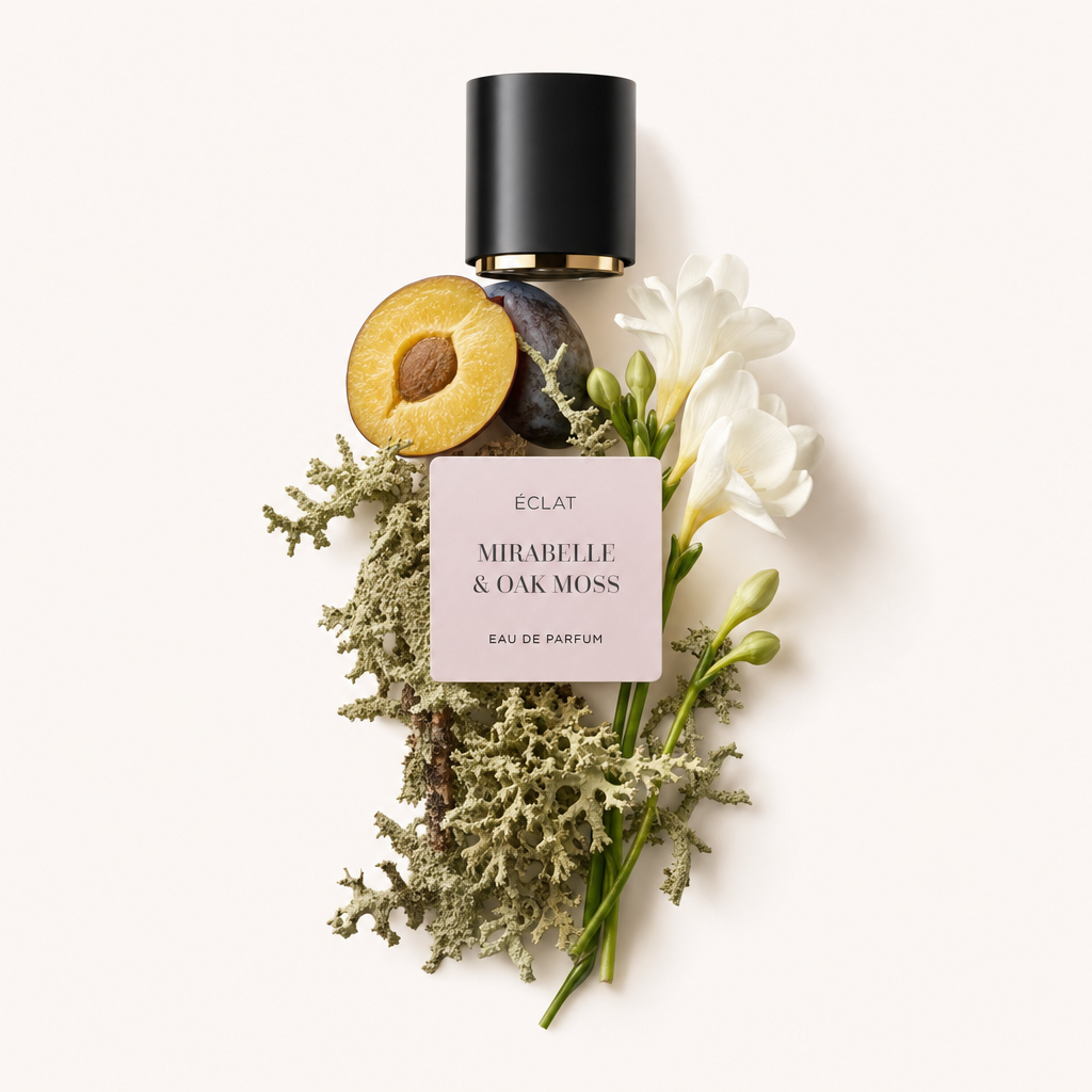Ein Arrangement aus frischer Pflaume, Eichenmoos und weißen Freesienblüten um eine schwarze Kappe mit dem Etikett 'ÉCLAT Mirabelle & Oak Moss'.