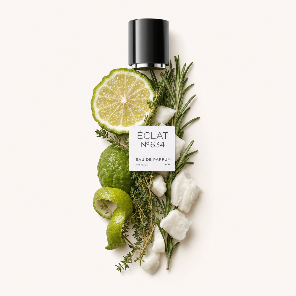 Ein Arrangement aus Bergamottescheiben, Rosmarinzweigen und Baumwolle, mit einer schwarzen Kappe und einem Etikett für ÉCLAT Musky Bergamot.