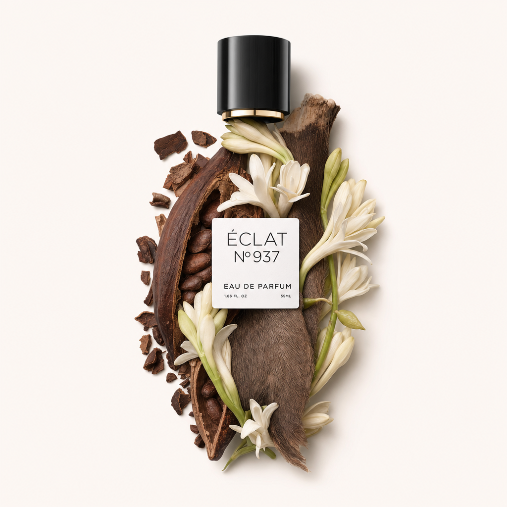 Ein Arrangement aus Kakaoschoten, weißen Blüten und einem strukturierten braunen Material umgibt die schwarze Verschlusskappe mit einem Etikett von ÉCLAT Musky Dark Chocolate.