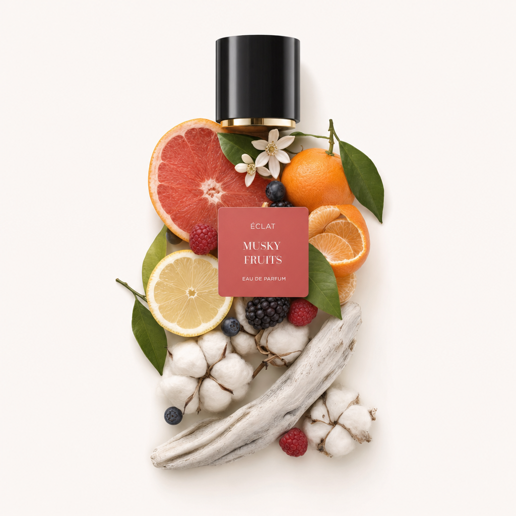 Ein Arrangement aus Früchten und Blüten mit Zitrusscheiben, Beeren und einem Baumwollzweig, umgeben von einer schwarzen Kappe mit ÉCLAT Musky Fruits Etikett.