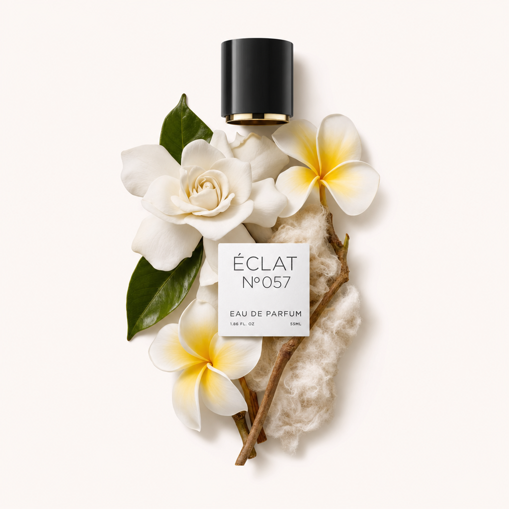 Ein Stillleben mit den Zutaten von ÉCLAT Musky Gardenia: Gardenien- und Frangipaniblüten, Blätter und ein holziger Zweig, arrangiert um eine schwarze Kappe mit Etikett.