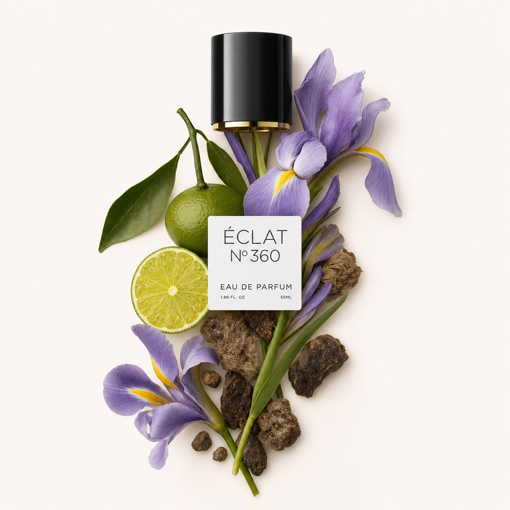 Ein Arrangement aus Irisblüten, Mandarine und erdigen Noten umgibt eine schwarze Kappe mit ÉCLAT-Etikett.