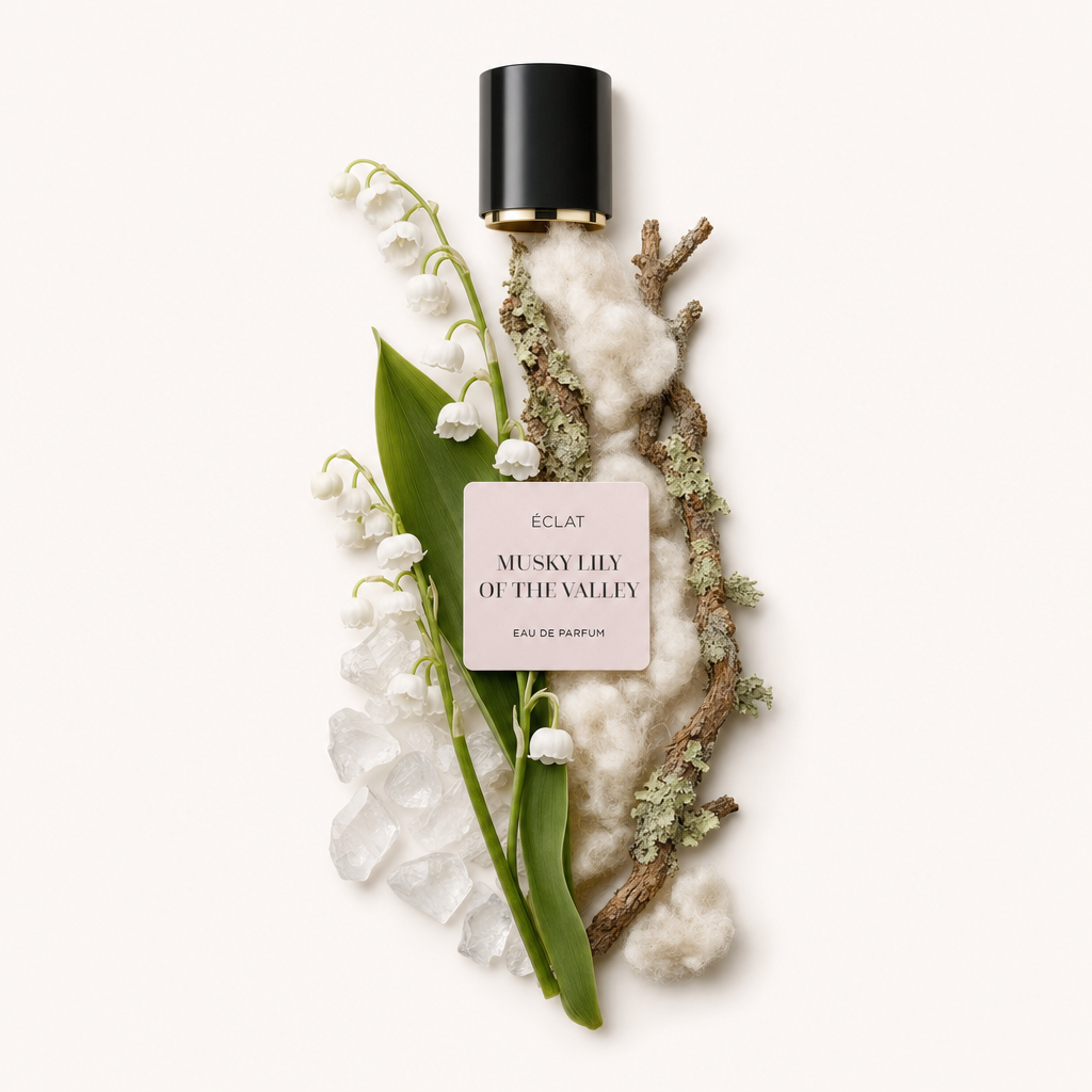 Ein kunstvolles Arrangement aus Maiglöckchen, grünen Blättern, kristallartigen Steinen und strukturreichen Zweigen mit einer schwarzen Kappe und dem Etikett für ÉCLAT Musky Lily of the Valley.