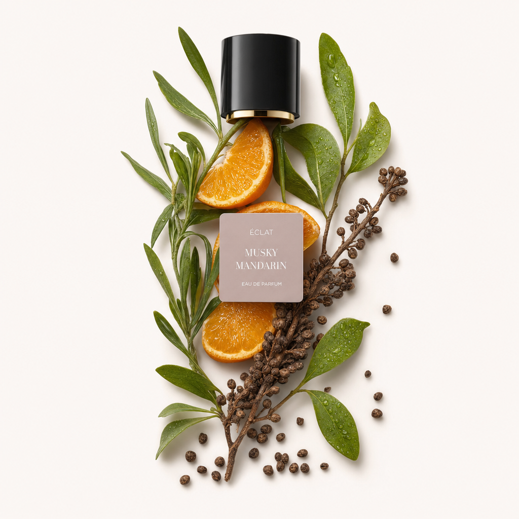 Ein Arrangement aus Mandarinen-Scheiben, grünen Blättern und getrockneten Gewürzen um die originale schwarze ÉCLAT-Verschlusskappe mit Etikett.