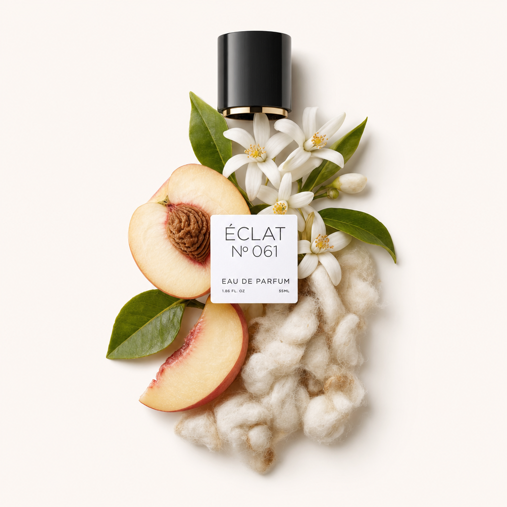 Ein Arrangement aus Pfirsichscheiben, weißen Blüten und Baumwolle mit einer schwarzen Kappe, beschriftet mit ÉCLAT Musky Peach.