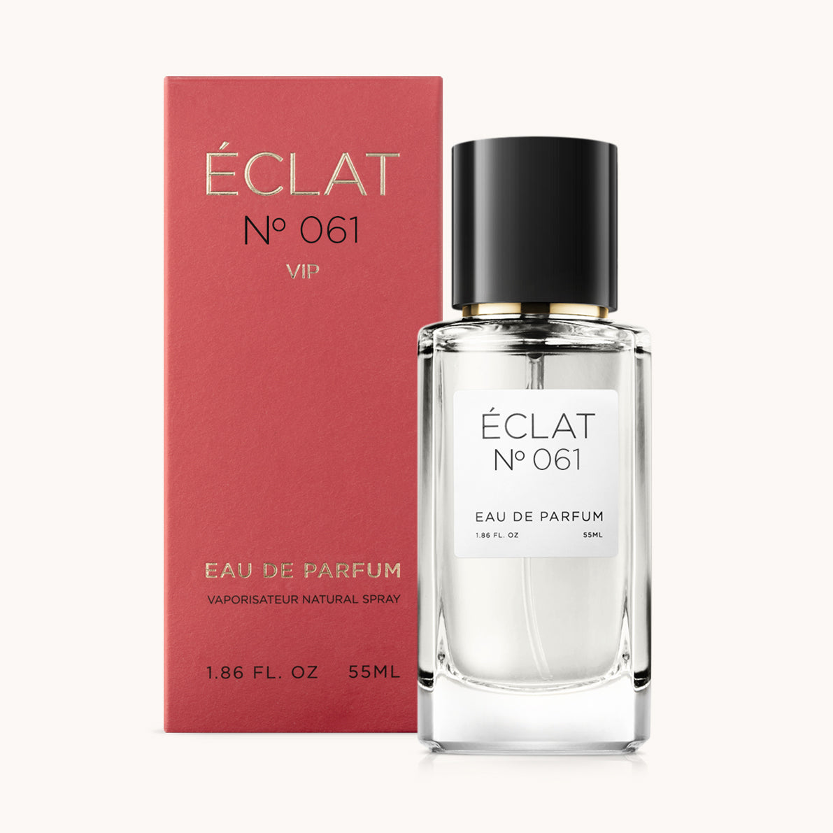ÉCLAT VIP Musky Peach Parfum in einem facettierten Glasflakon mit schwarzem Verschluss, neben einer roten Präsentbox.