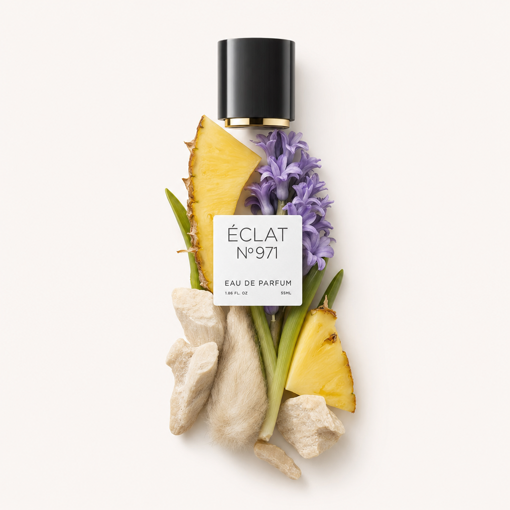 Ein Arrangement aus Ananasscheiben, violettem Hyazinthen und erdigen Wurzeln umgibt eine schwarze Kappe mit ÉCLAT Musky Pineapple Etikett.