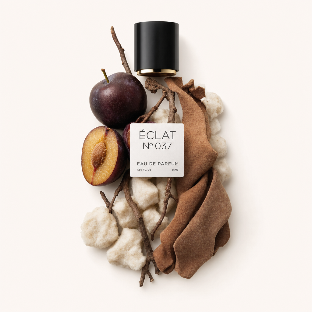 Ein Arrangement aus einer ganzen Pflaume, einer halben Pflaume, braunen Zweigen, weißen Baumwollkugeln und einem weichen braunen Stoff umgibt eine schwarze Kappe mit einem Etikett für ÉCLAT Musky Plum.