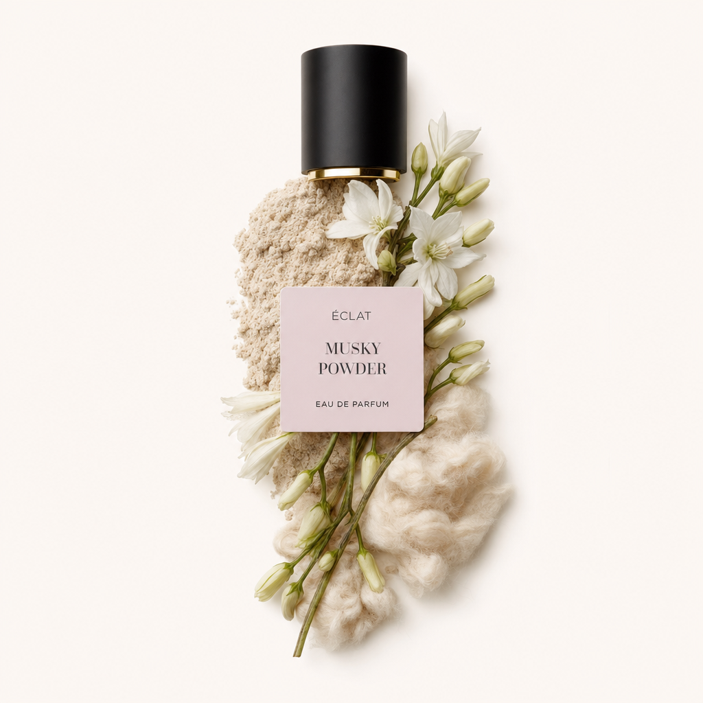 Ein Arrangement aus weißen Blüten und weichem beigefarbenem Pulver, umgeben von flauschigem, cremeweißem Material, umgibt die ÉCLAT Musky Powder Kappe mit Etikett.